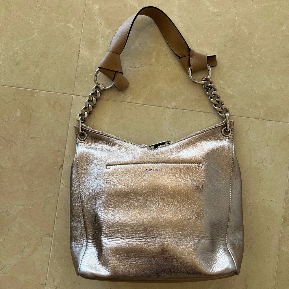 JIMMY CHOO bronze metallic leather zippered shoulder bag